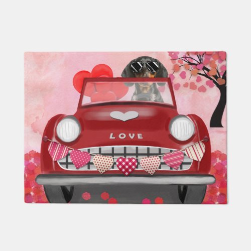 Dachshund Dog Driving Car with Hearts Valentines  Doormat