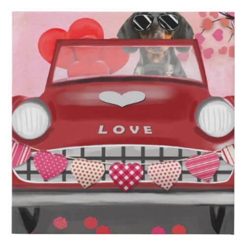 Dachshund Dog Driving Car with Hearts Valentines  Faux Canvas Print