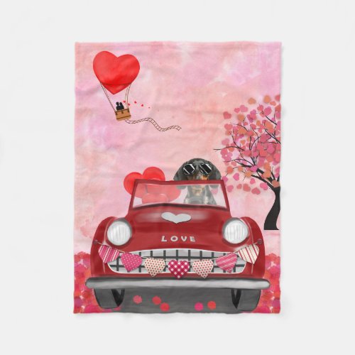 Dachshund Dog Driving Car with Hearts Valentines Fleece Blanket