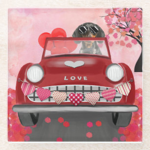 Dachshund Dog Driving Car with Hearts Valentine's Glass Coaster