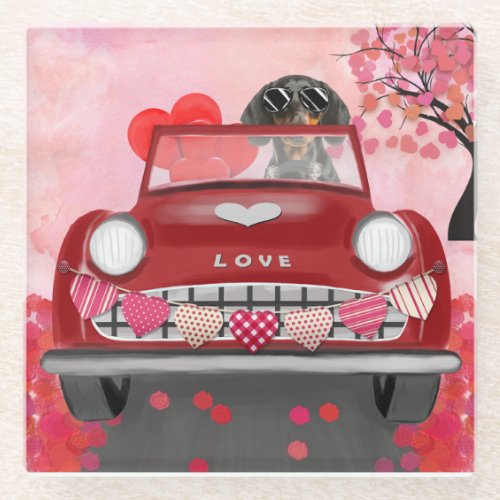 Dachshund Dog Driving Car with Hearts Valentines  Glass Coaster