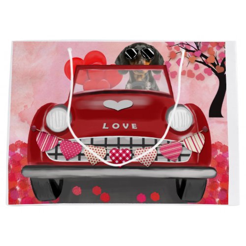 Dachshund Dog Driving Car with Hearts Valentines Large Gift Bag