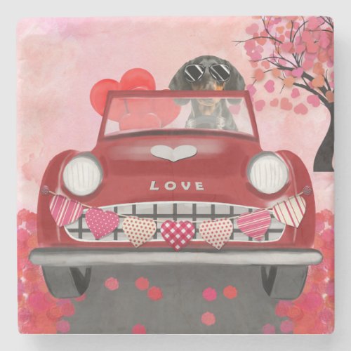 Dachshund Dog Driving Car with Hearts Valentines  Stone Coaster