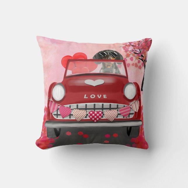 Dachshund Dog Driving Car with Hearts Valentine's Throw Pillow (Front)