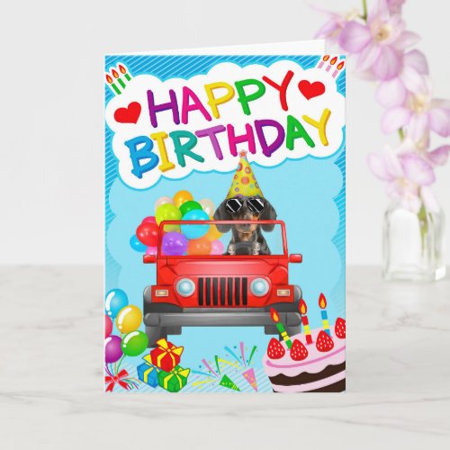 Dachshund Dog Driving with Balloons Birthday Card