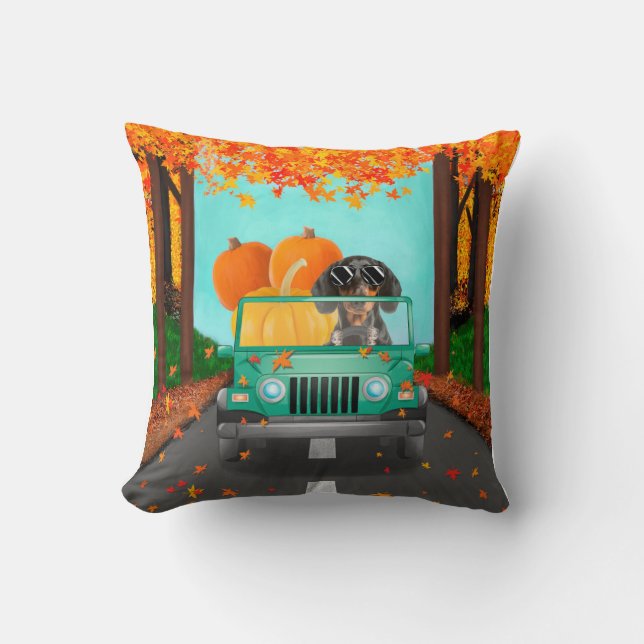 Dachshund Dog Fall Pumpkin Throw Pillow (Front)