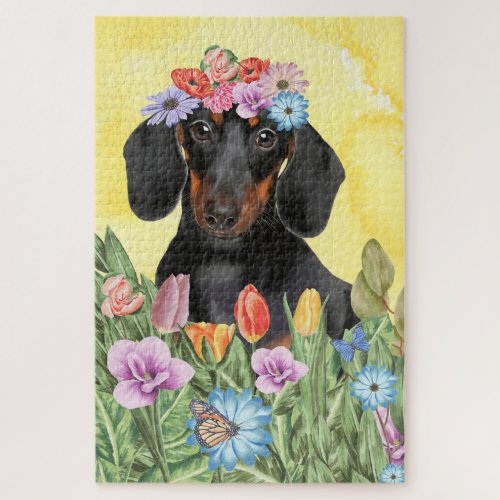 Dachshund Dog Flowers Jigsaw Puzzle