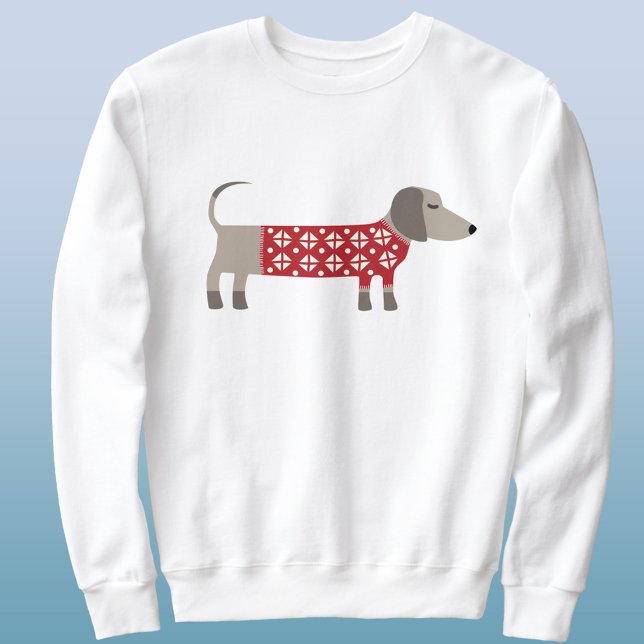 Dachshund Dog Fun Christmas Sweater (Unisex sweatshirt featuring a Dachshund Sausage or Wiener dog in festive red and white knitwear)