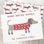 Dachshund Dog Fun  Holiday Card<br><div class="desc">Cute and adorable Dachshund Sausage or Wiener dog in a festive red and white knitted sweater.  Change the names and the greeting to personalize.  Original art by Nic Squirrell.</div>