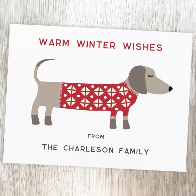 Dachshund Dog Fun  Holiday Postcard (Dachshund Sausage or Wiener dog in a red and white festive sweater on a Holiday postcard)