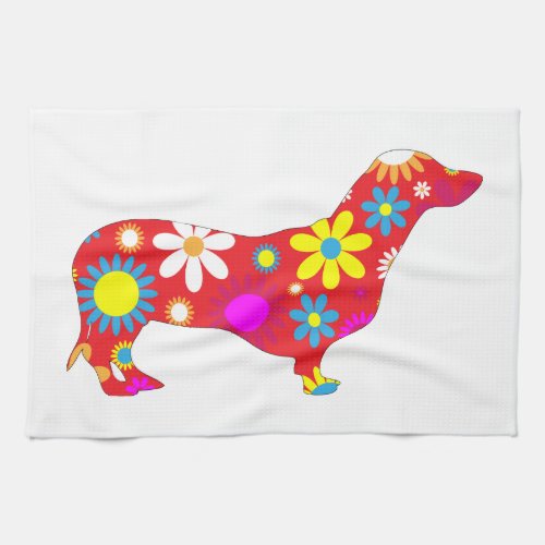 Dachshund dog funk retro floral flowers colorful kitchen towel