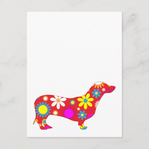 Dachshund dog funky retro floral flowers colorful postcard
