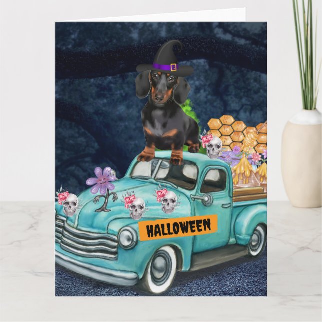 Dachshund Dog Halloween Truck Scary Night Card (Front)