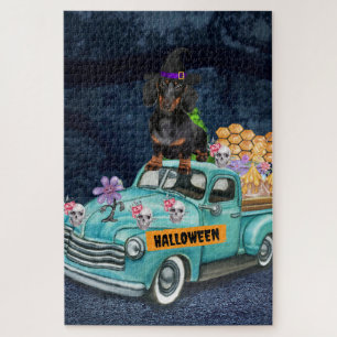 Dachshund Dog Halloween Truck Scary Night Jigsaw Puzzle