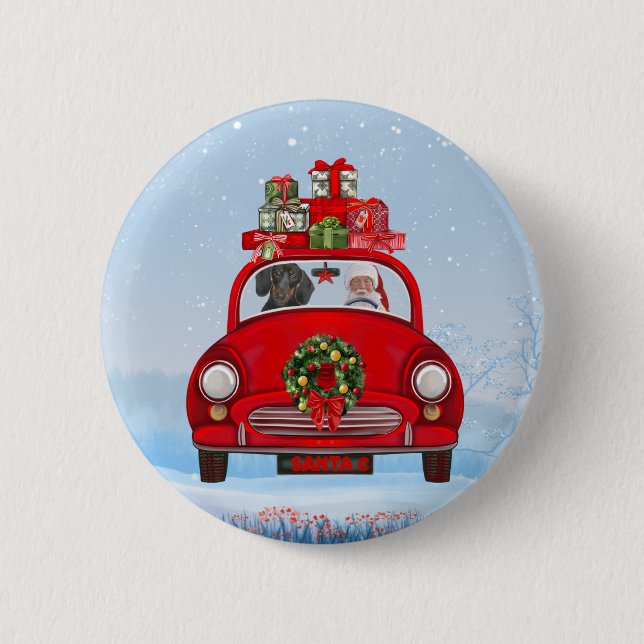 Dachshund Dog In Car With Santa Claus Button (Front)