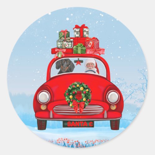 Dachshund Dog In Car With Santa Claus  Classic Round Sticker