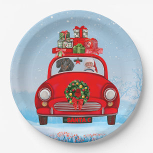 Dachshund Dog In Car With Santa Claus  Paper Plates