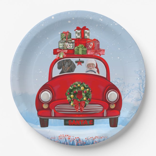 Dachshund Dog In Car With Santa Claus  Paper Plates (Front)