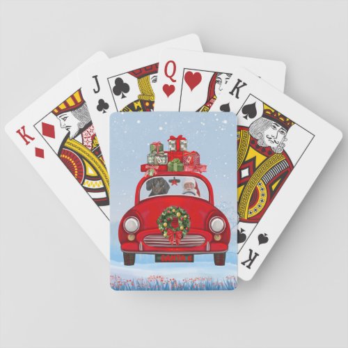 Dachshund Dog In Car With Santa Claus Playing Cards