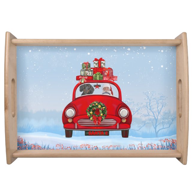 Dachshund Dog In Car With Santa Claus  Serving Tray (Front)