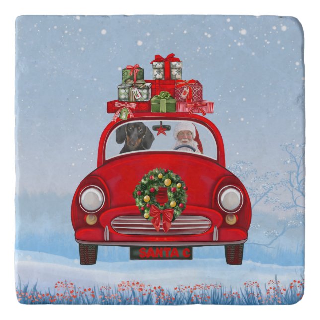 Dachshund Dog In Car With Santa Claus  Trivet (Front)