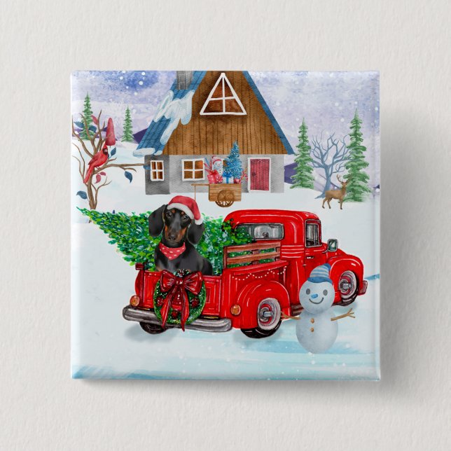 Dachshund Dog In Christmas Delivery Truck Snow Button (Front)