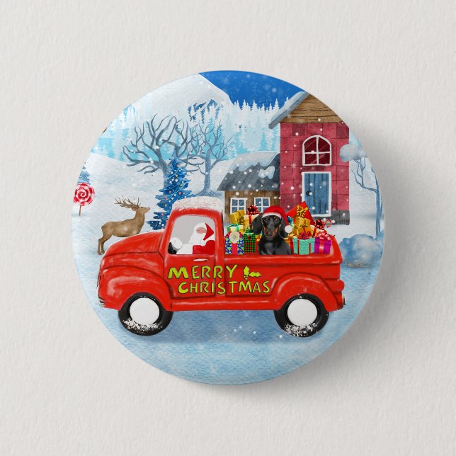 Dachshund Dog in Christmas Delivery Truck Snow  Button (Front)