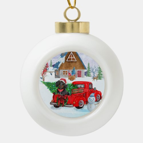 Dachshund Dog In Christmas Delivery Truck Snow Ceramic Ball Christmas Ornament