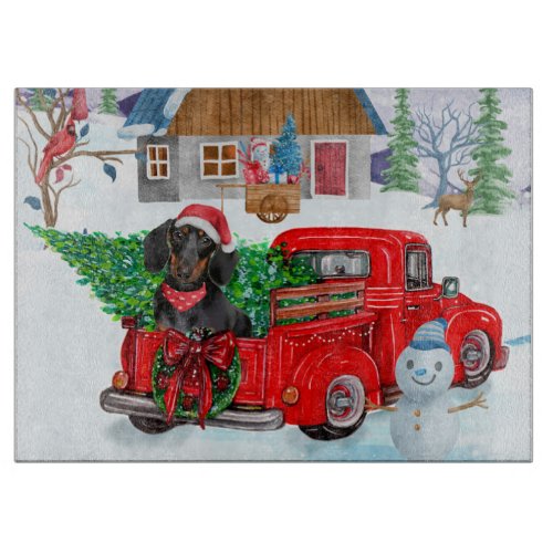 Dachshund Dog In Christmas Delivery Truck Snow Cutting Board