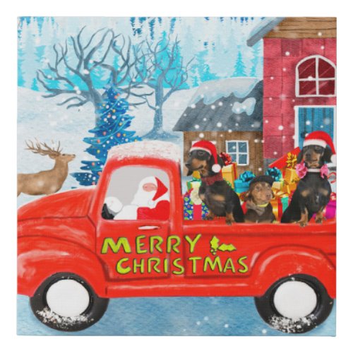 Dachshund Dog in Christmas Delivery Truck Snow  Faux Canvas Print