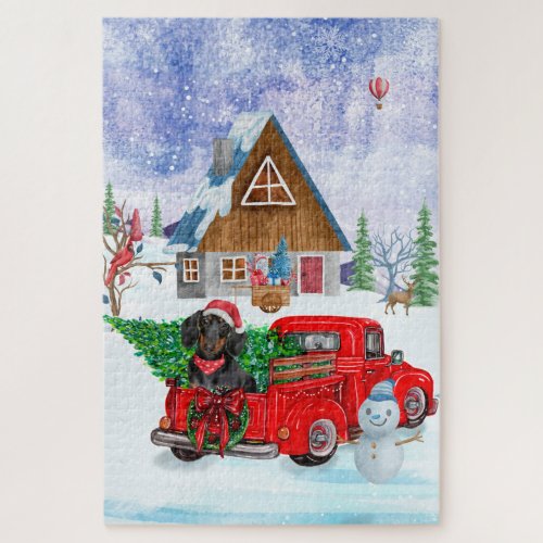 Dachshund Dog In Christmas Delivery Truck Snow Jigsaw Puzzle