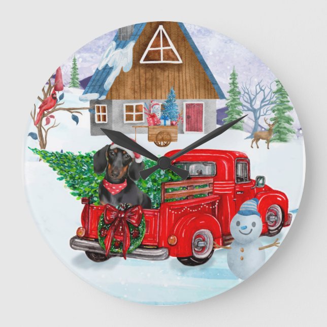 Dachshund Dog In Christmas Delivery Truck Snow Large Clock (Front)