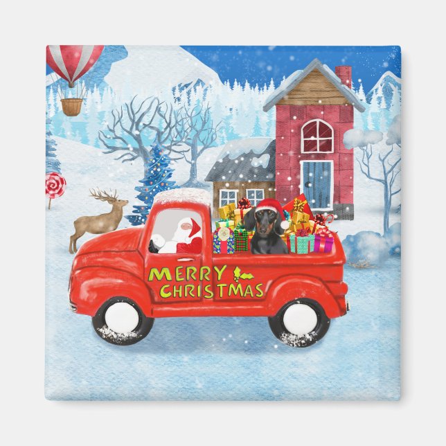 Dachshund Dog in Christmas Delivery Truck Snow  Magnet (Front)
