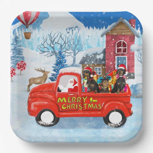 Dachshund Dog in Christmas Delivery Truck Snow  Paper Plates (Front)