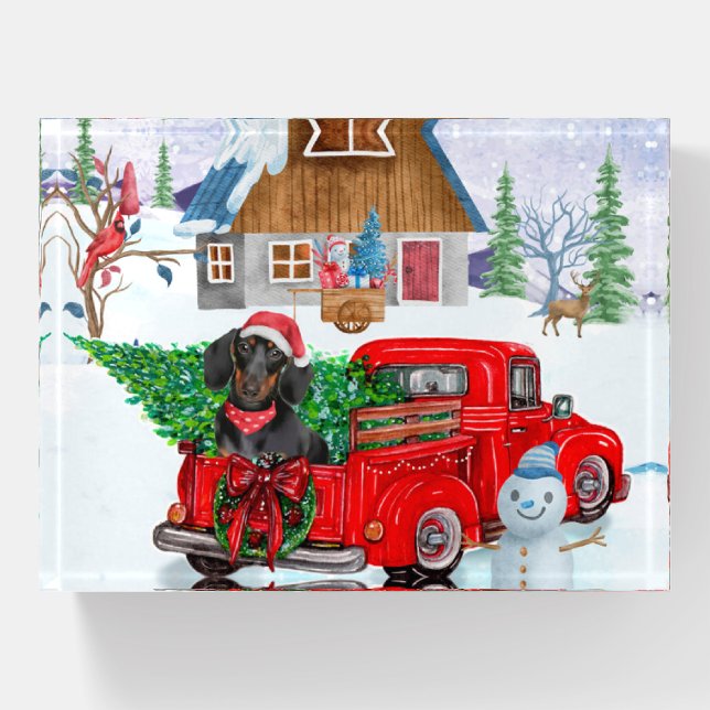 Dachshund Dog In Christmas Delivery Truck Snow Paperweight (Front)