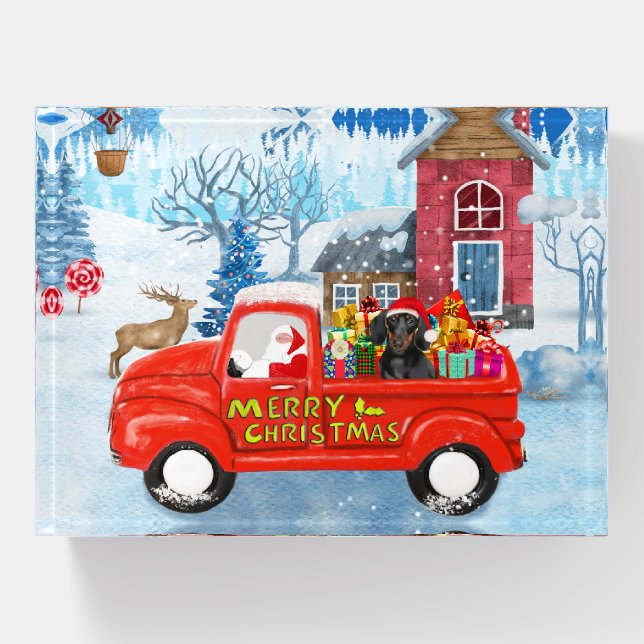 Dachshund Dog in Christmas Delivery Truck Snow  Paperweight (Front)