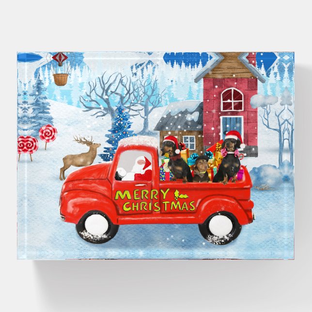 Dachshund Dog in Christmas Delivery Truck Snow  Paperweight (Front)