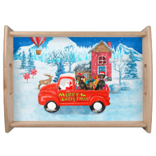 Dachshund Dog in Christmas Delivery Truck Snow  Serving Tray