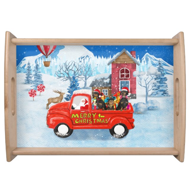 Dachshund Dog in Christmas Delivery Truck Snow  Serving Tray (Front)