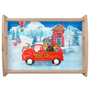 Dachshund Dog in Christmas Delivery Truck Snow Serving Tray