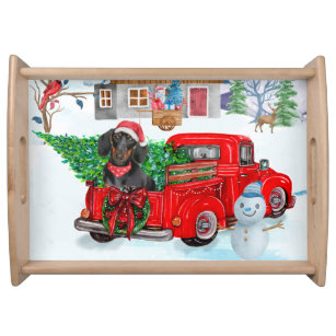 Dachshund Dog In Christmas Delivery Truck Snow Serving Tray