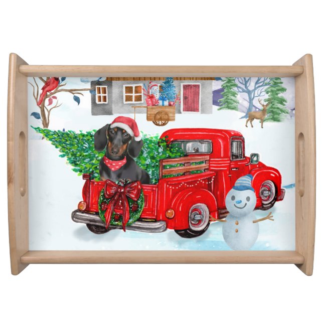 Dachshund Dog In Christmas Delivery Truck Snow Serving Tray (Front)