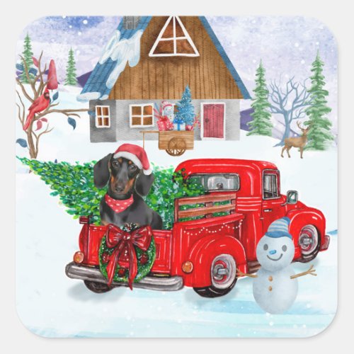 Dachshund Dog In Christmas Delivery Truck Snow Square Sticker