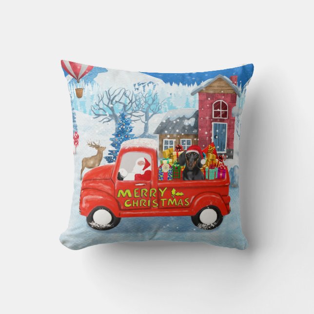 Dachshund Dog in Christmas Delivery Truck Snow Throw Pillow (Front)