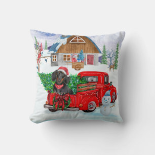 Dachshund Dog In Christmas Delivery Truck Snow Throw Pillow