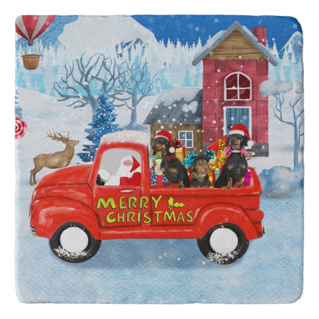 Dachshund Dog in Christmas Delivery Truck Snow  Trivet (Front)