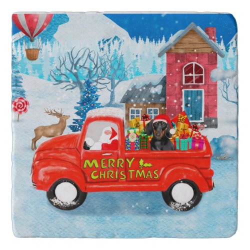 Dachshund Dog in Christmas Delivery Truck Snow  Trivet