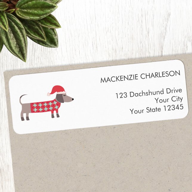 Dachshund Dog in Christmas Hat Return Address Label (Fun Dachshund Wiener Sausage Dog in a Christmas hat personalized return address label)