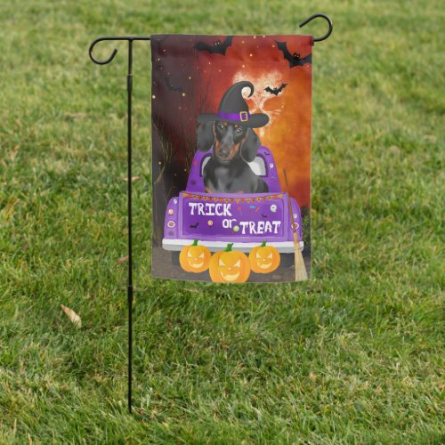 Dachshund Dog in Halloween Truck Garden Flag
