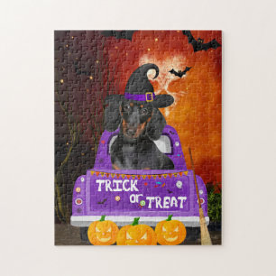 Dachshund Dog in Halloween Truck Jigsaw Puzzle
